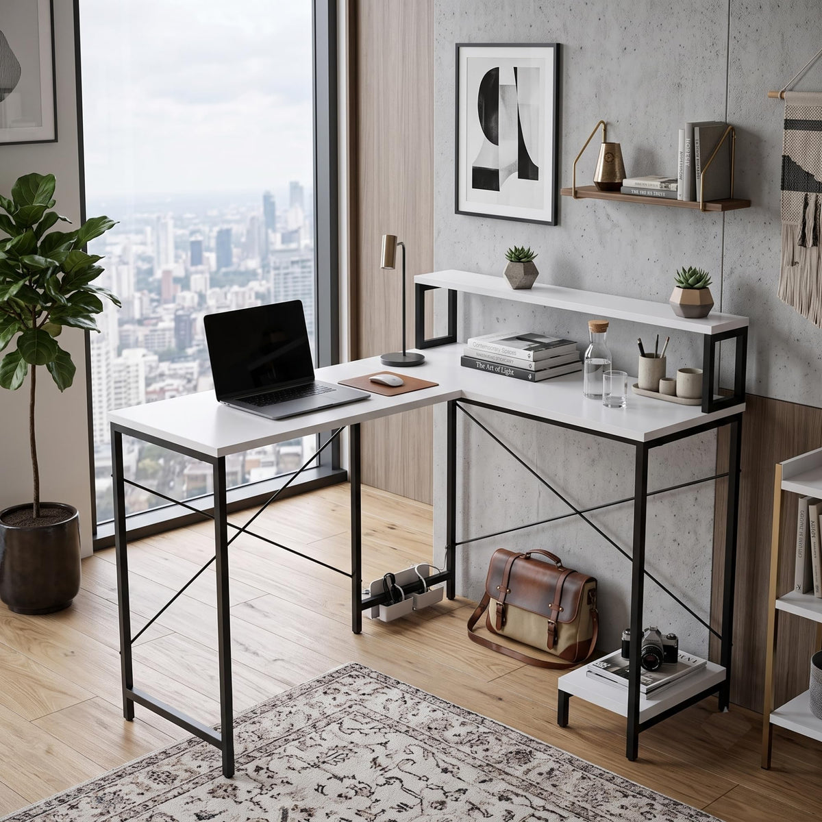Callas Corvus L-Shaped Study Table with Storage Shelf, Engineered Wood Corner Computer Desk for Home Office with 1 Year Warranty, 110 x 124 x 94.5 - White