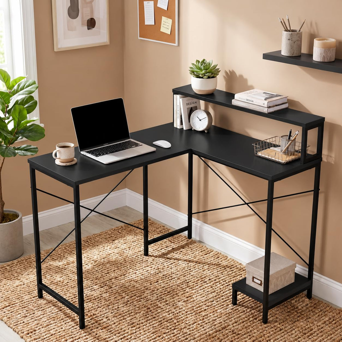 Callas Corvus L-Shaped Study Table with Storage Shelf, Engineered Wood Corner Computer Desk for Home Office with 1 Year Warranty, 110 x 124 x 94.5 - Black