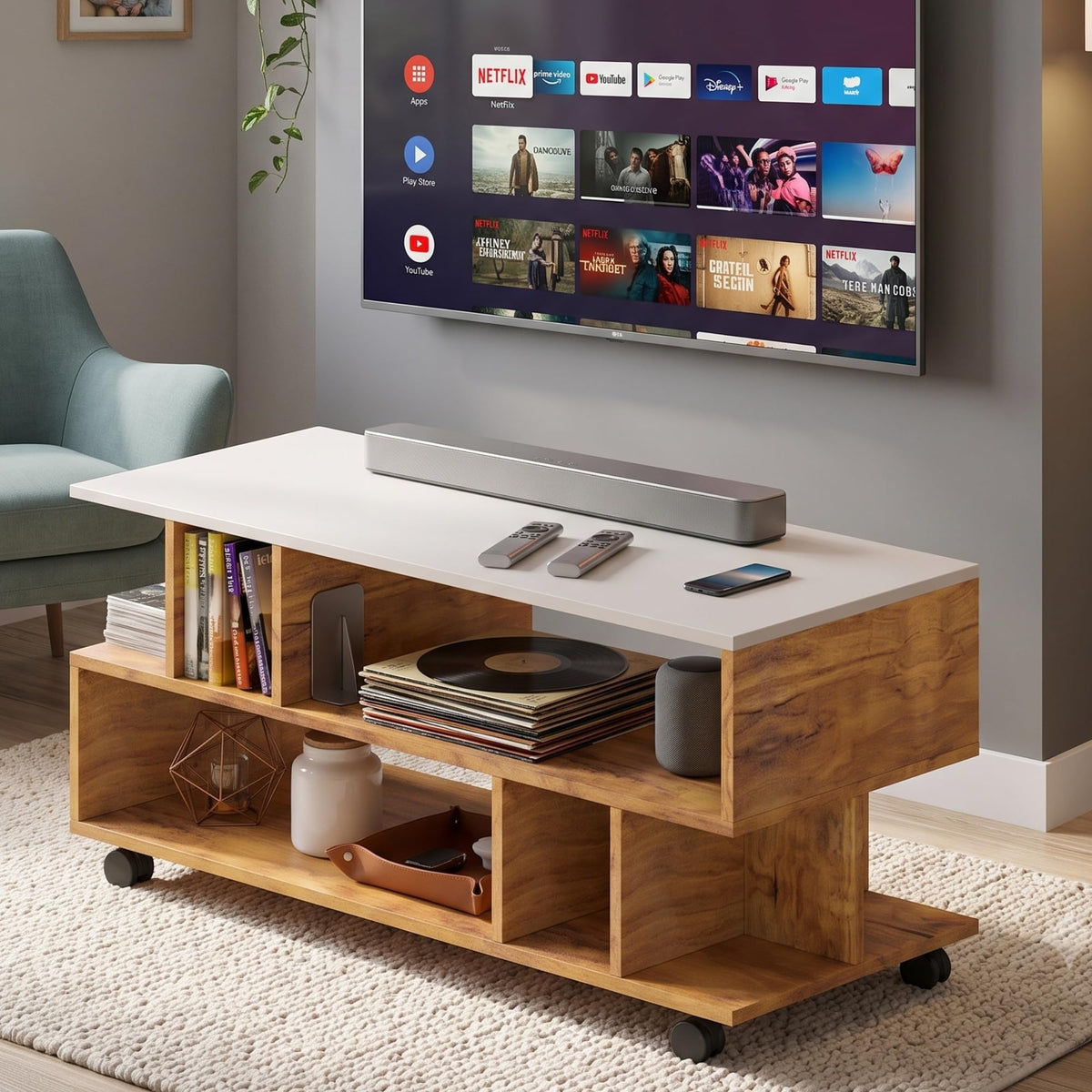 Callas Dune TV Stand with Wheel Open Storage Shelves, Engineered Wood Entertainment Unit for Living Room, White & Walnut, 101 x 40.5 x 41 cm, Model TV-09